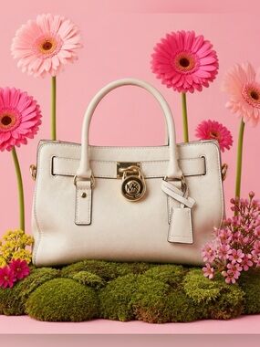 Michael Kors Cream Leather Satchel with Gold-Tone MK Lock